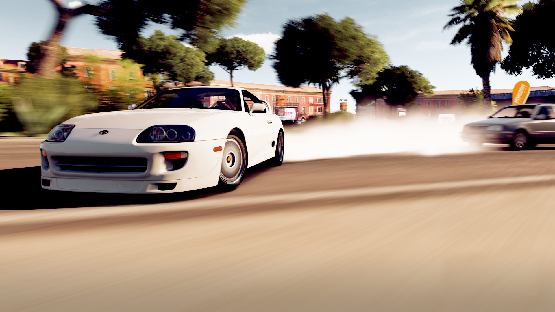 A white sports car drifting recklessly on a dusty road in New Jersey, leaving a trail of dust behind, with blurred trees and buildings in the background under a clear sky.