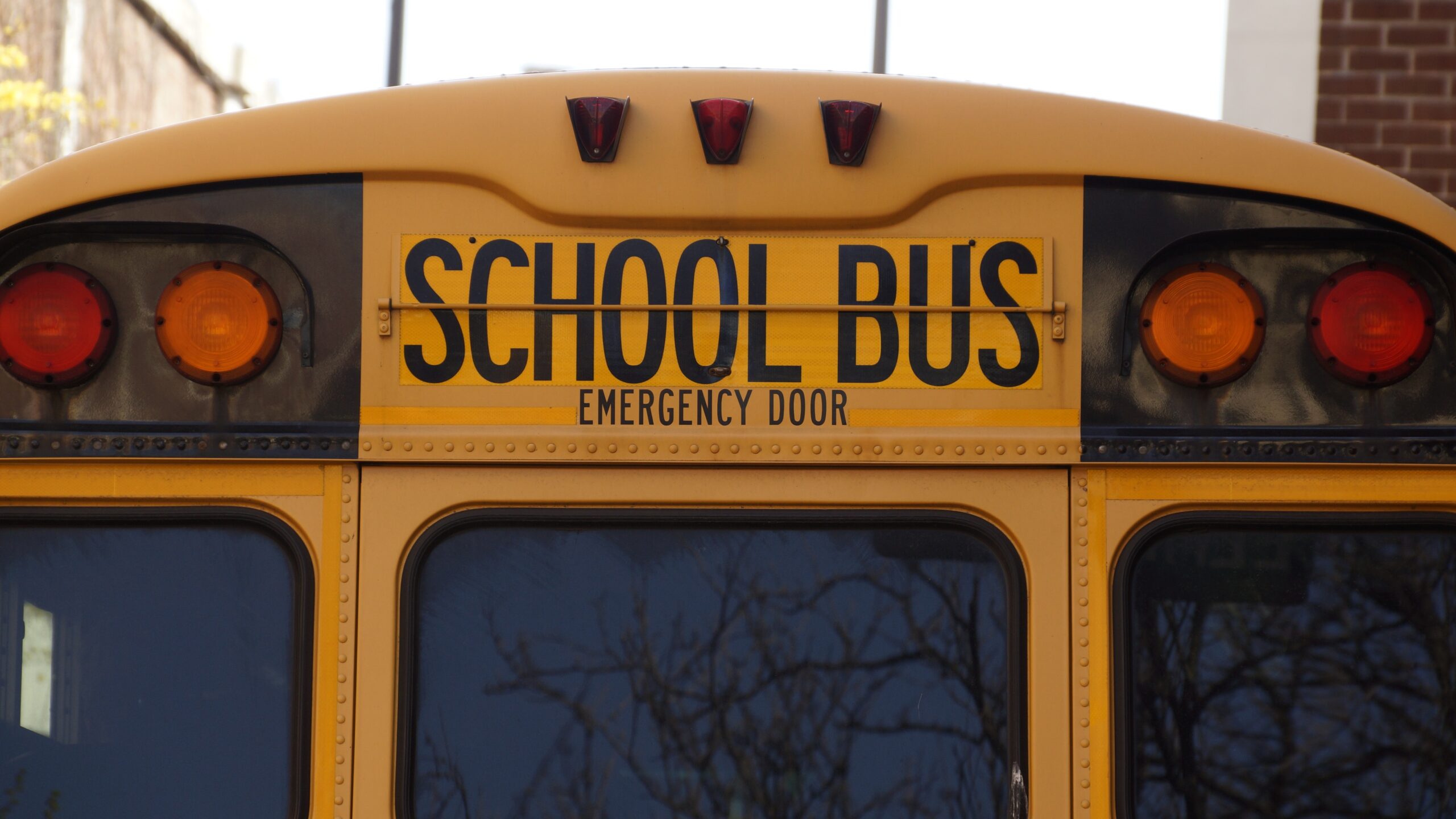 Close-up of the back of a school bus showing the upper section with 
